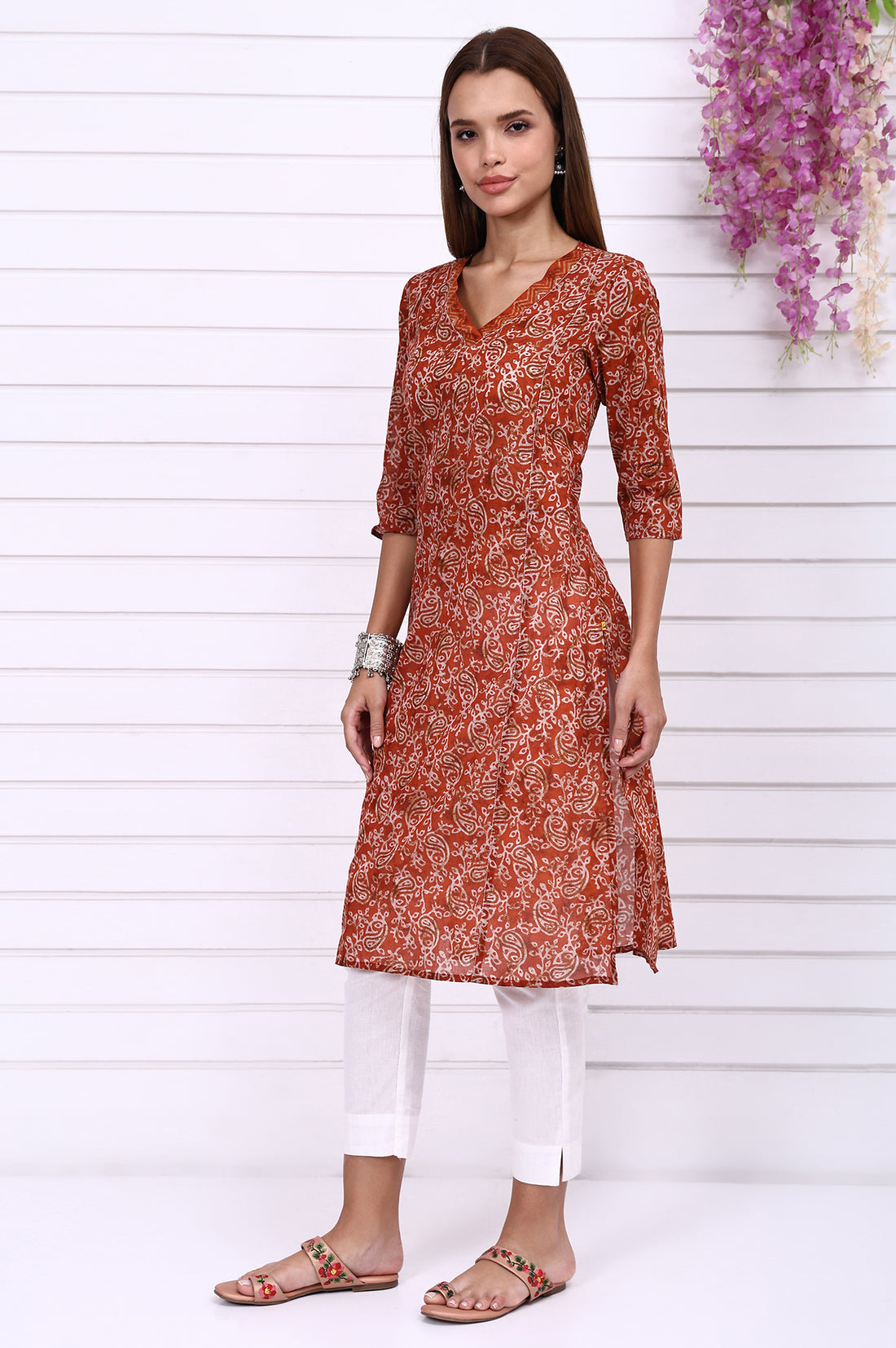 Orange Batik Printed Pure Cotton Straight Casual Kurta