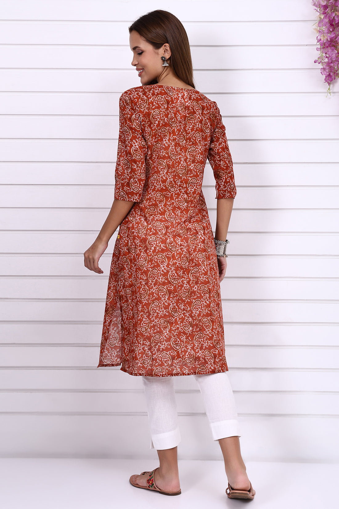 Orange Batik Printed Pure Cotton Straight Casual Kurta