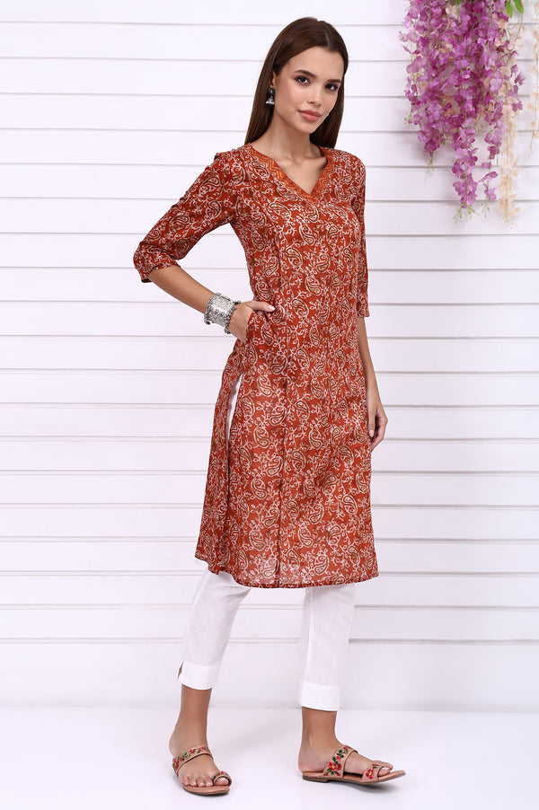 Orange Batik Printed Pure Cotton Straight Casual Kurta