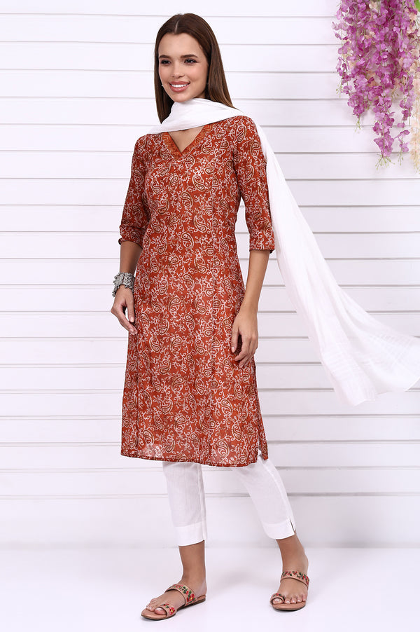 Orange Batik Printed Pure Cotton Straight Casual Kurta