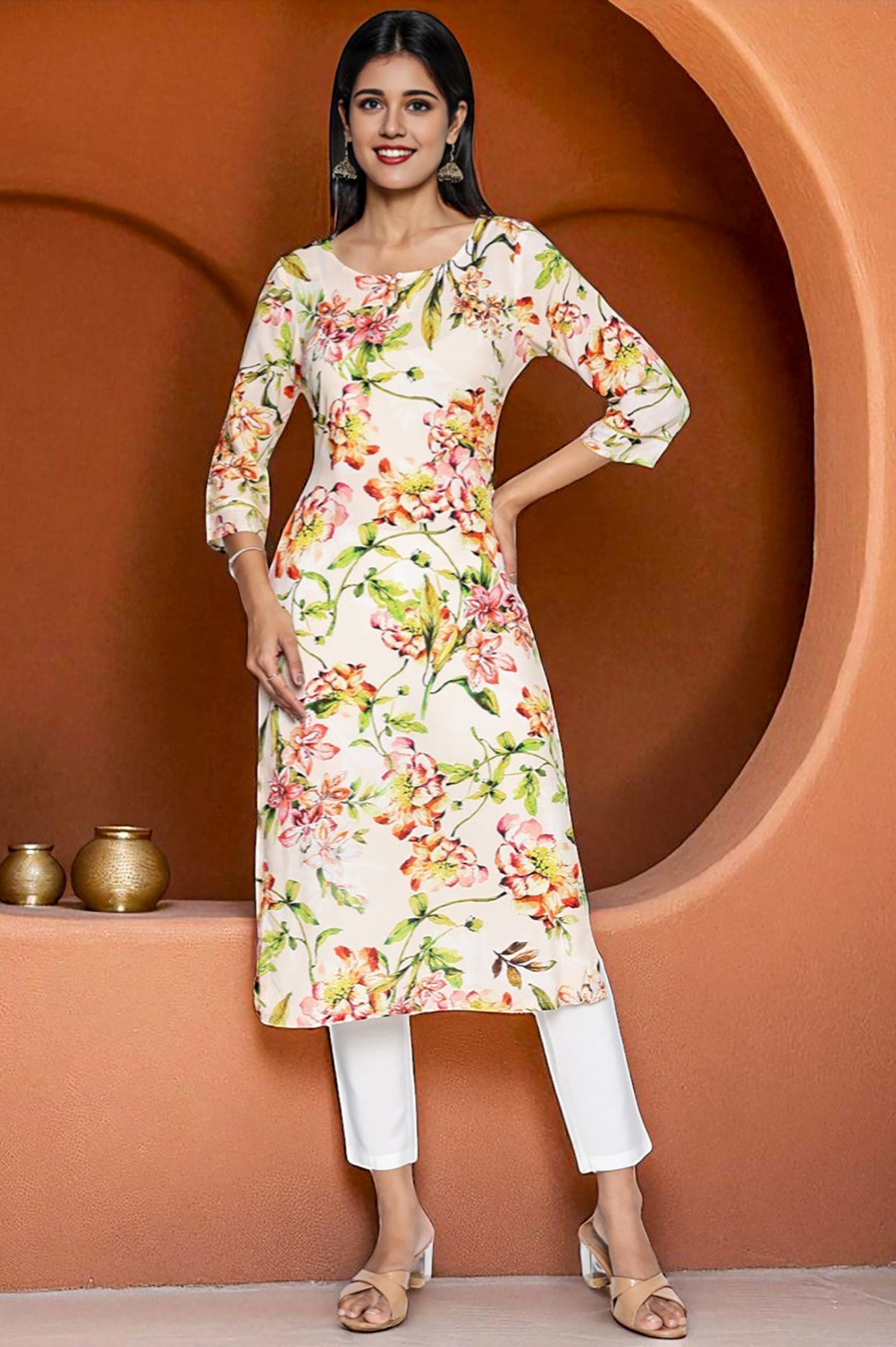 Peach Floral Printed Lace Modal Straight Kurta