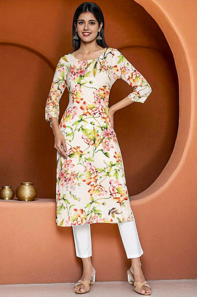 Peach Floral Printed Lace Modal Straight Kurta