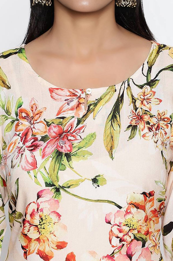 Peach Floral Printed Lace Modal Straight Kurta
