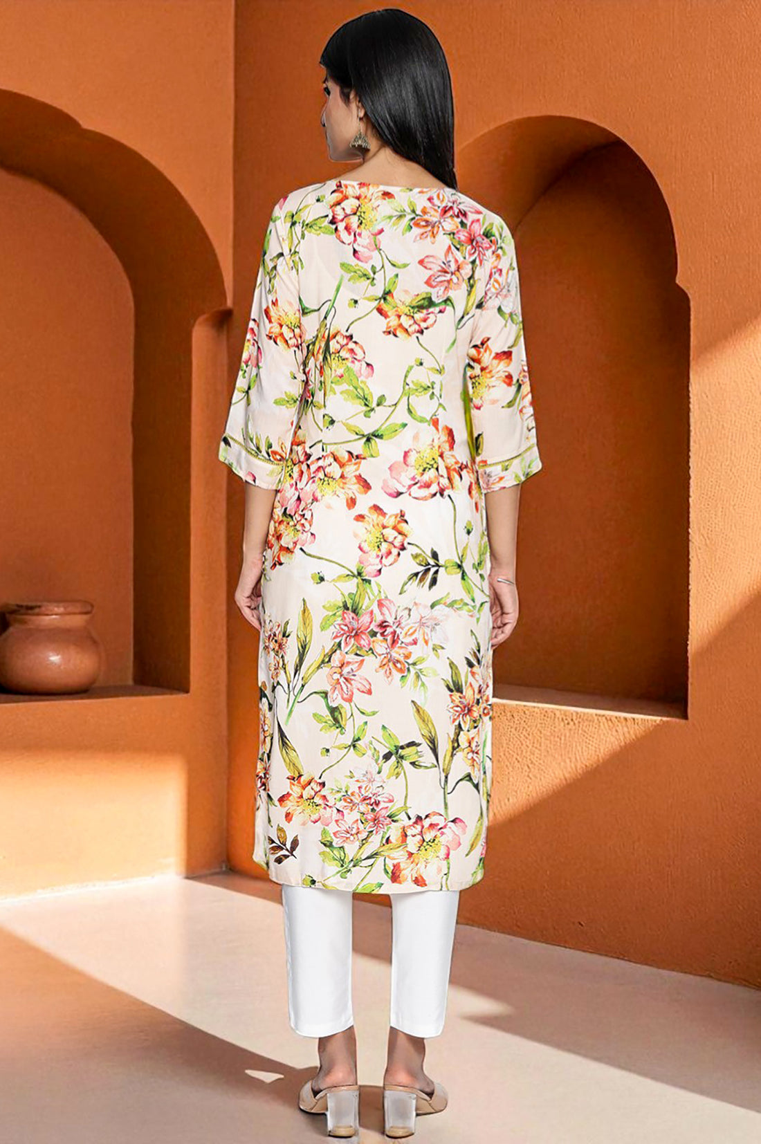 Peach Floral Printed Lace Modal Straight Kurta