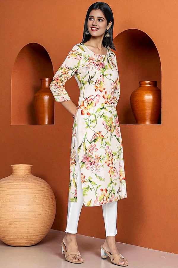 Peach Floral Printed Lace Modal Straight Kurta