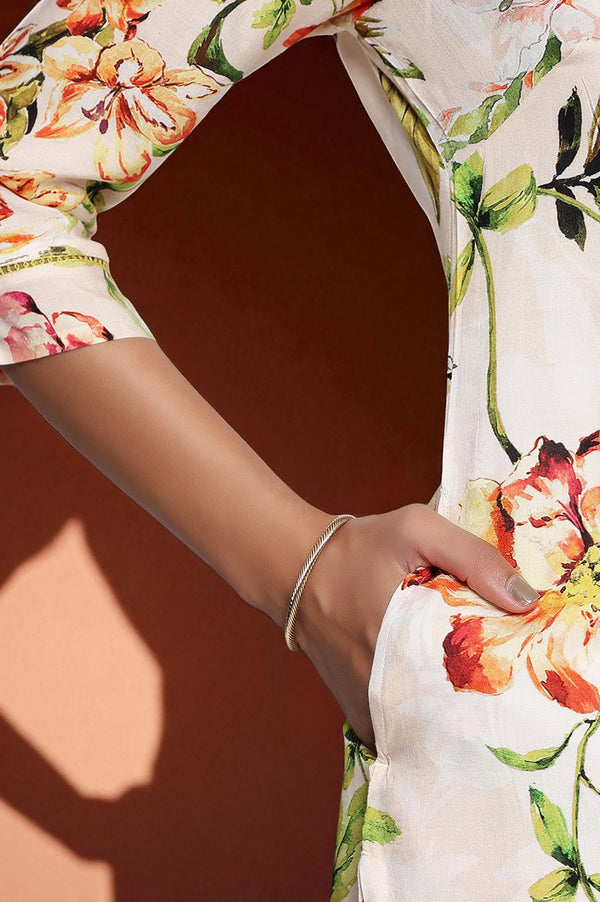 Peach Floral Printed Lace Modal Straight Kurta