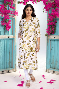 Yellow Floral Print Buttons Straight Modal Kurta