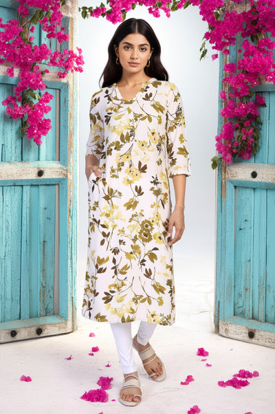 Yellow Floral Print Buttons Straight Modal Kurta
