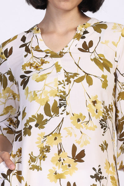 Yellow Floral Print Buttons Straight Modal Kurta