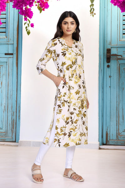 Yellow Floral Print Buttons Straight Modal Kurta