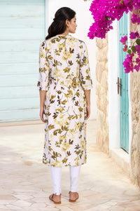 Yellow Floral Print Buttons Straight Modal Kurta