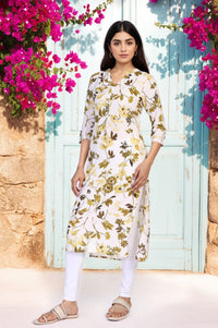Yellow Floral Print Buttons Straight Modal Kurta