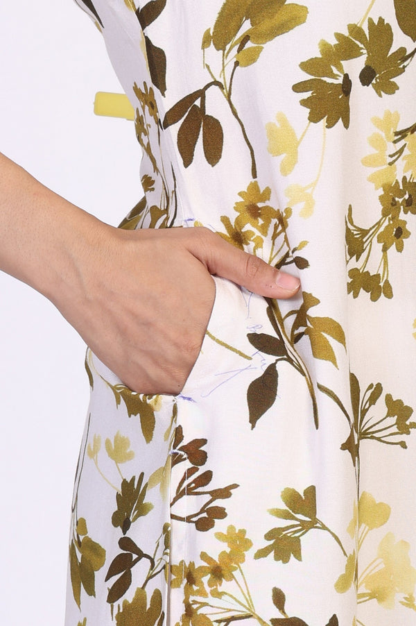 Yellow Floral Print Buttons Straight Modal Kurta