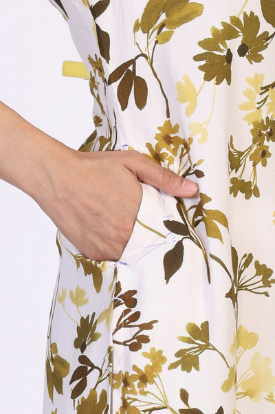 Yellow Floral Print Buttons Straight Modal Kurta