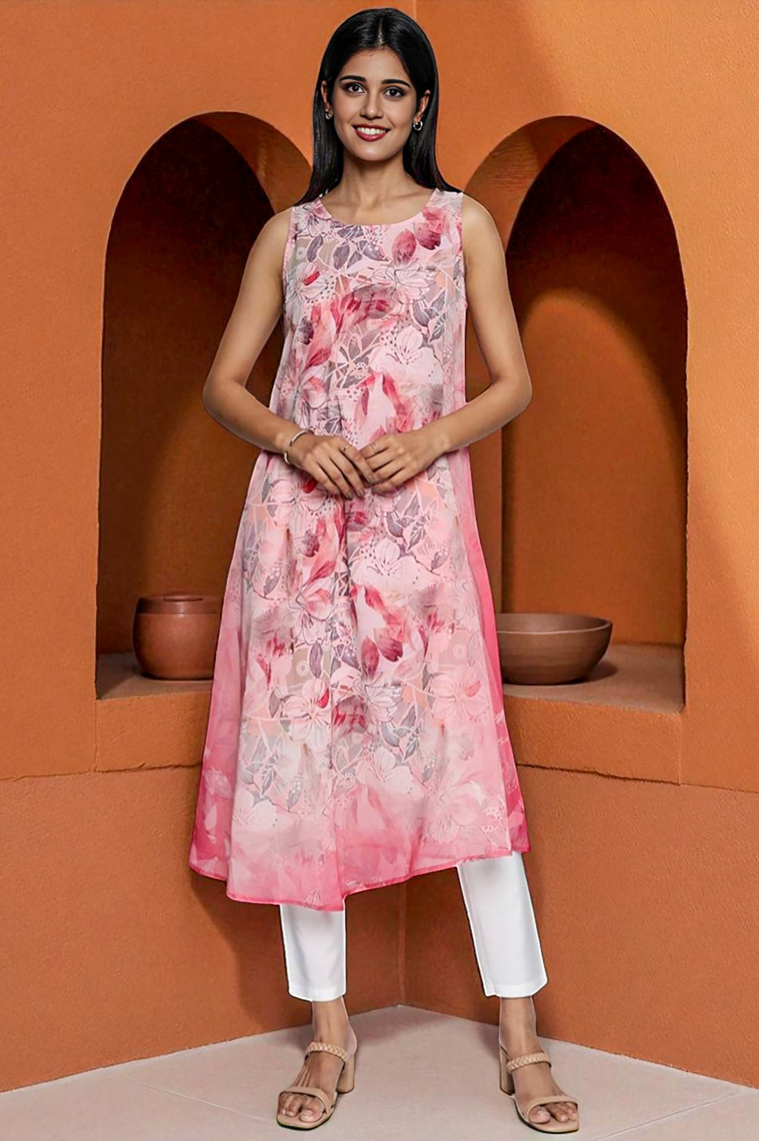 Shell Pink Digital Printed Georgette Circular Kurta