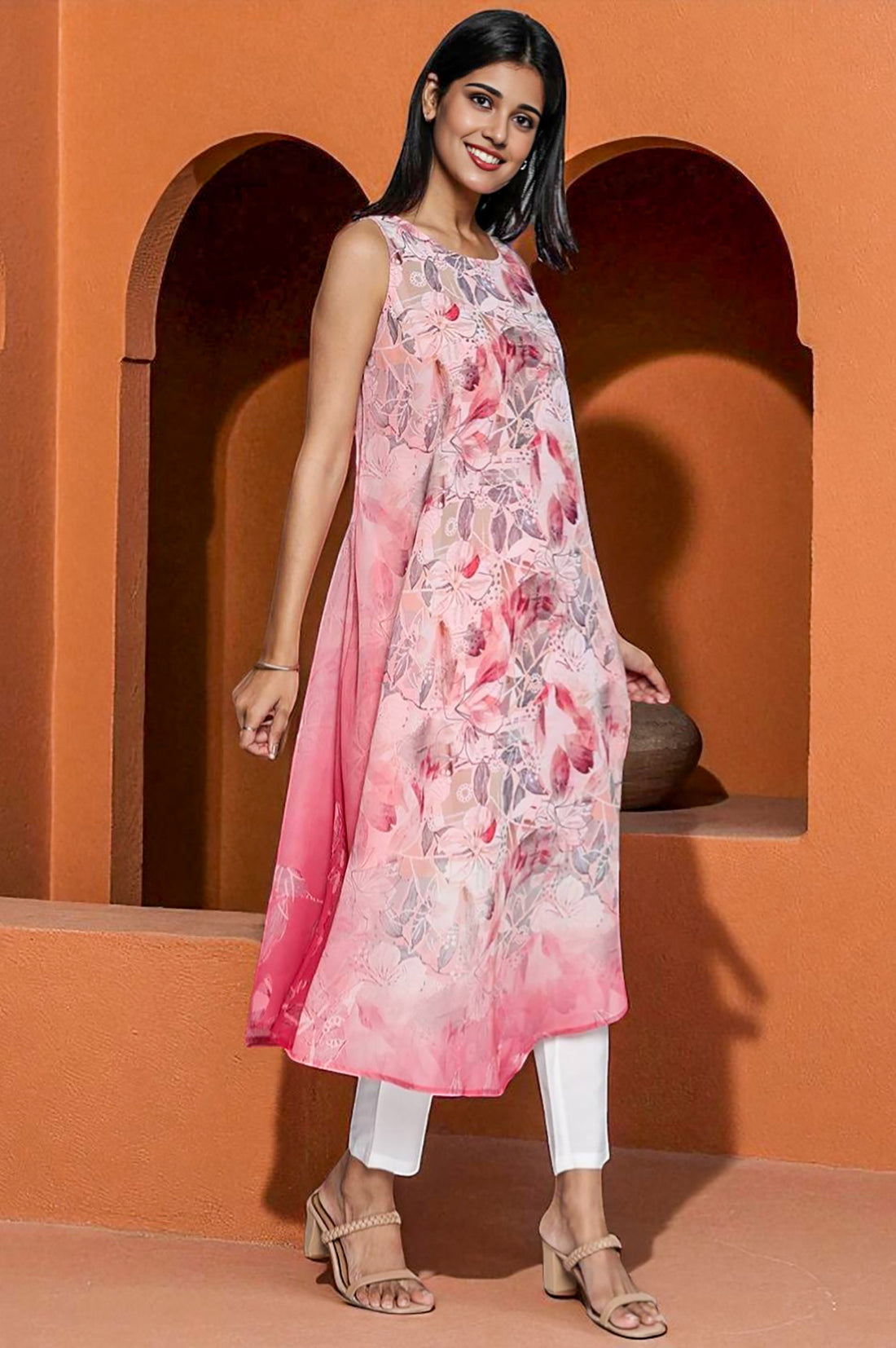 Shell Pink Digital Printed Georgette Circular Kurta