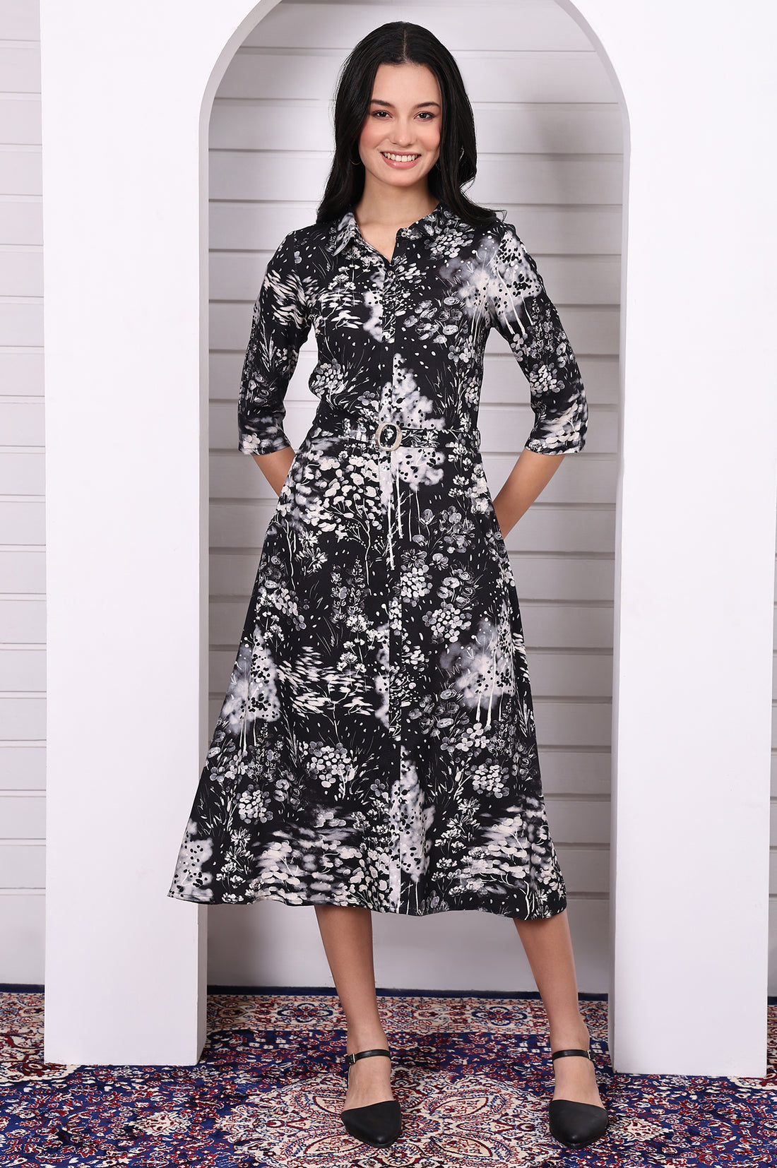 Buy Black Floral Printed Flared Short Dress with Waist Belt Online for