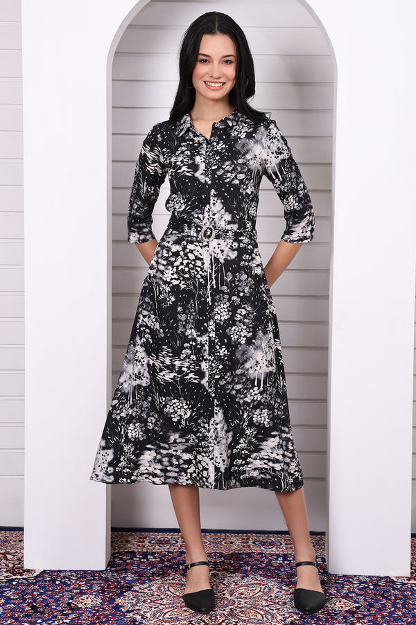 Black Floral Printed Flared Short Dress with Waist Belt