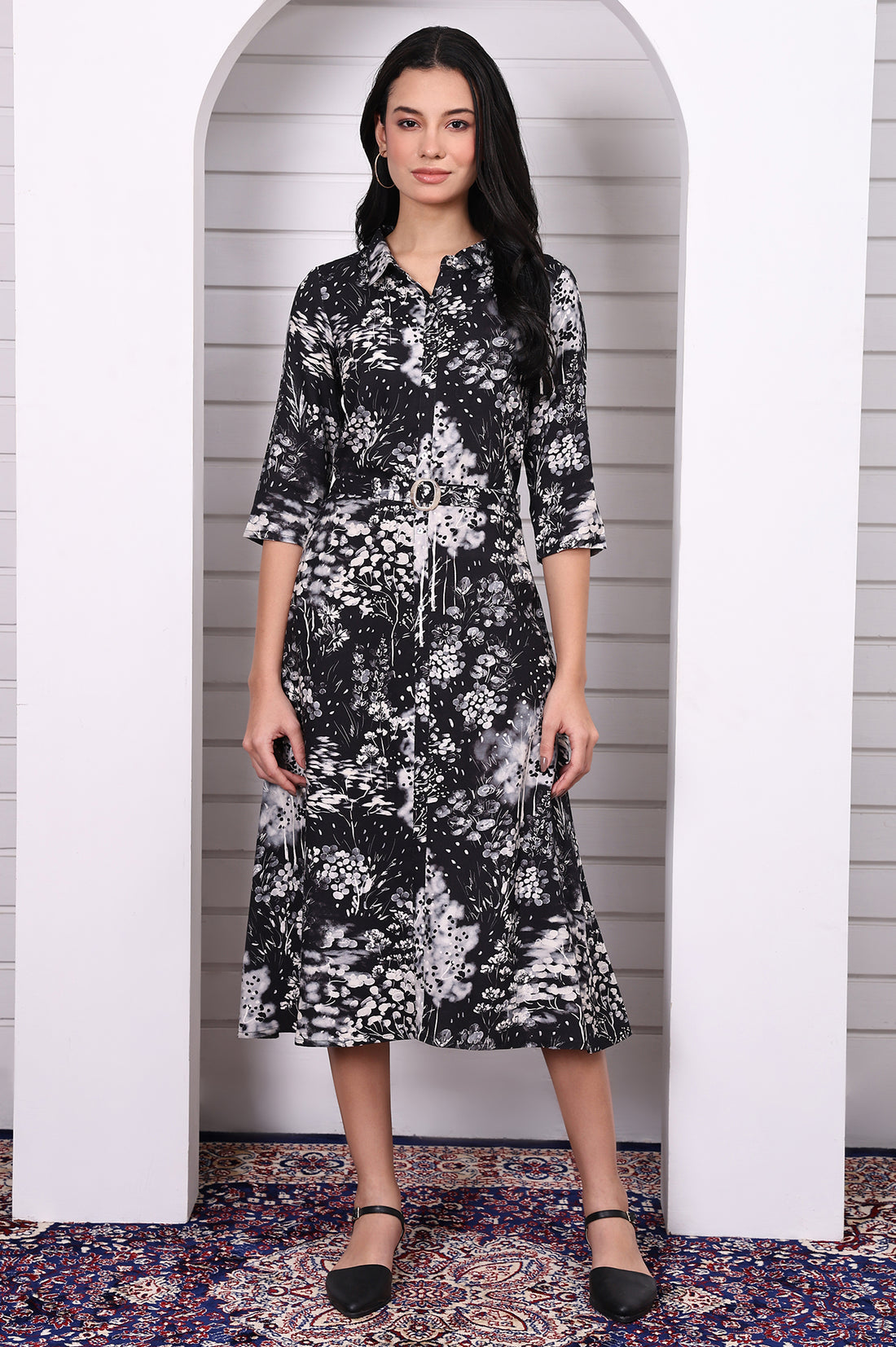 Black Floral Printed Flared Short Dress with Waist Belt