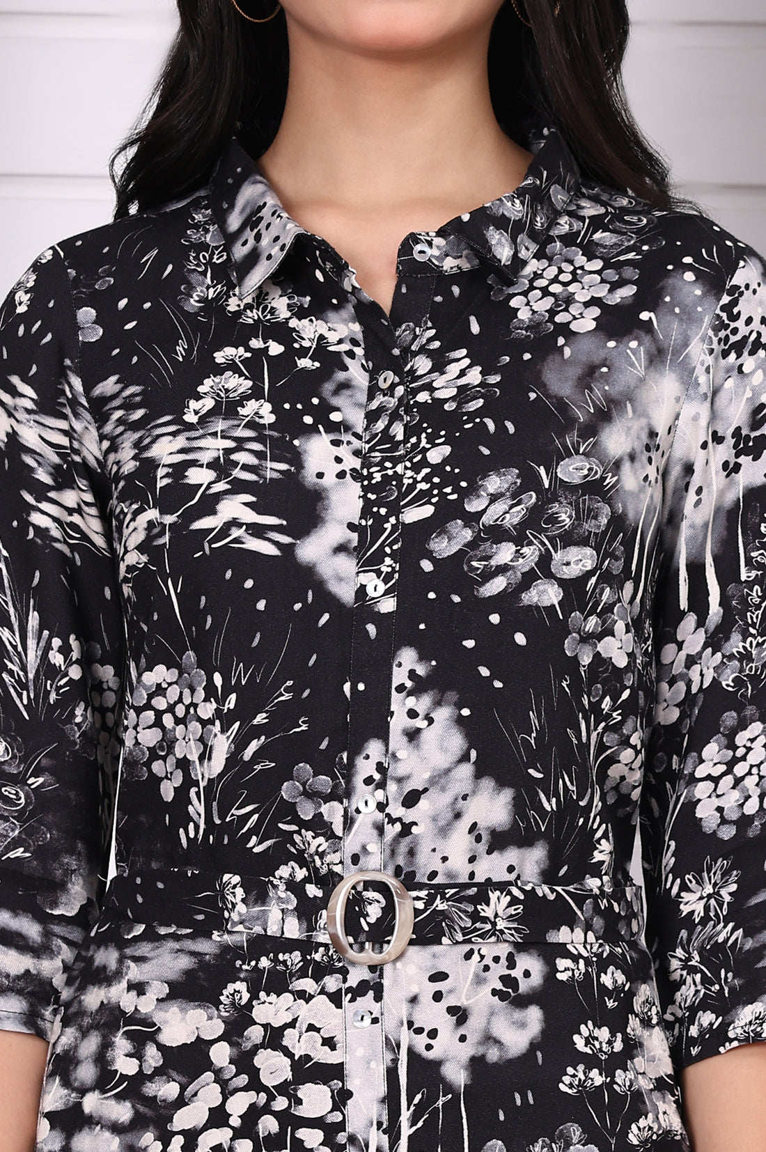 Black Floral Printed Flared Short Dress with Waist Belt