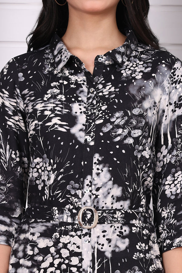 Black Floral Printed Flared Short Dress with Waist Belt