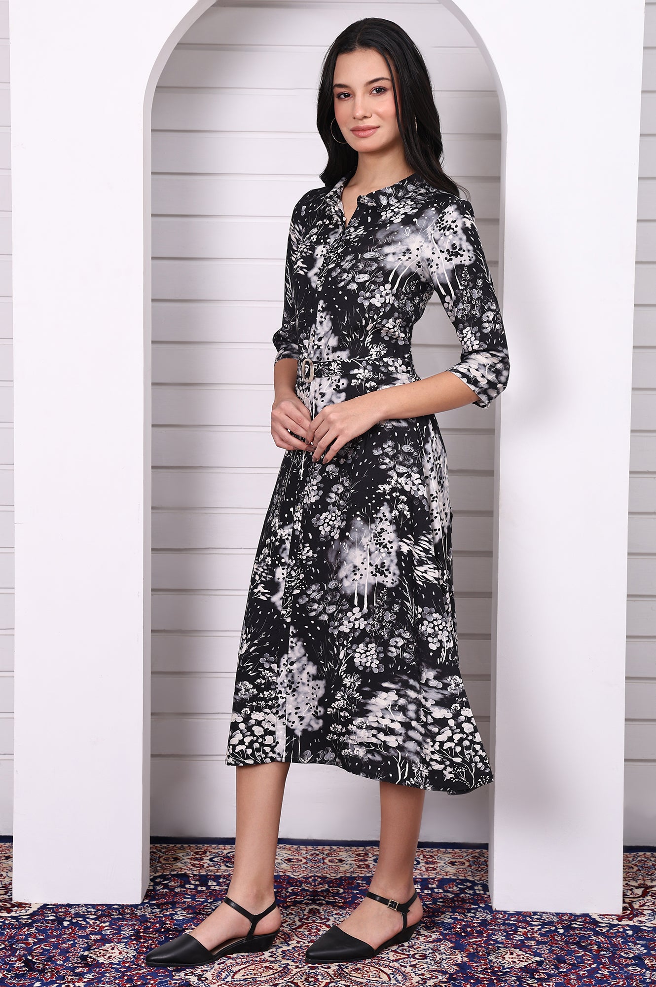 Buy Black Floral Printed Flared Short Dress with Waist Belt Online for