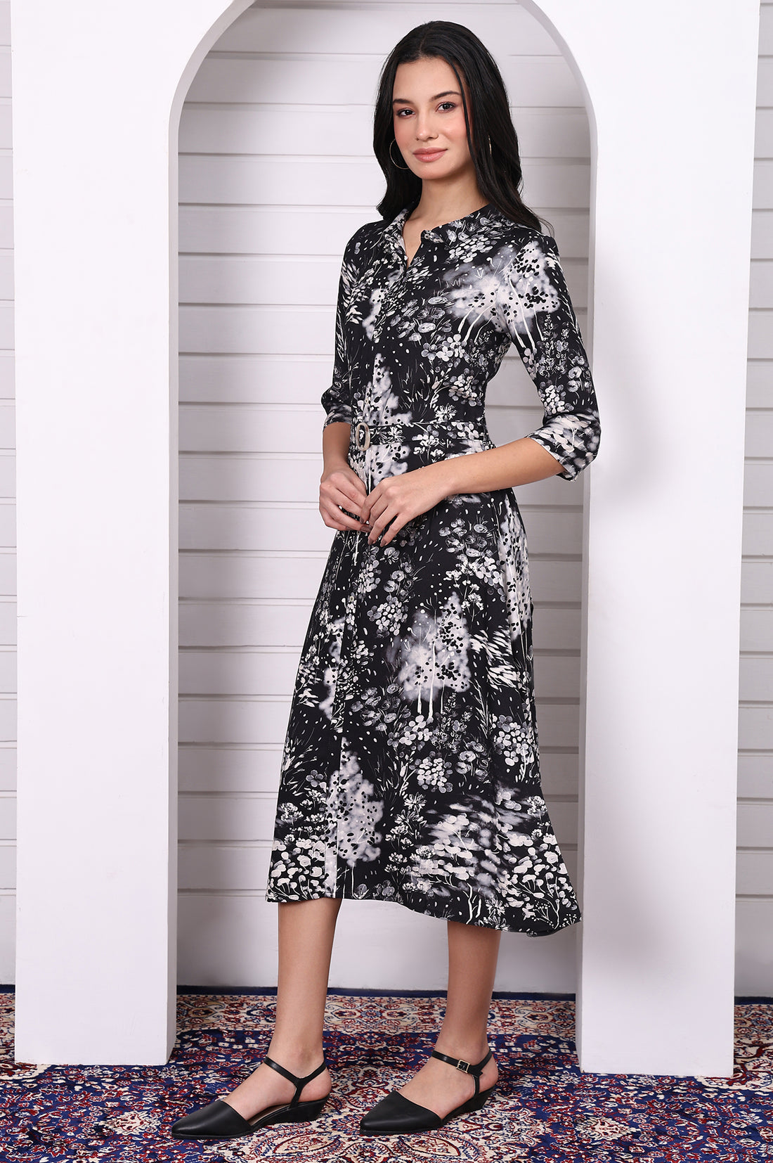 Black Floral Printed Flared Short Dress with Waist Belt