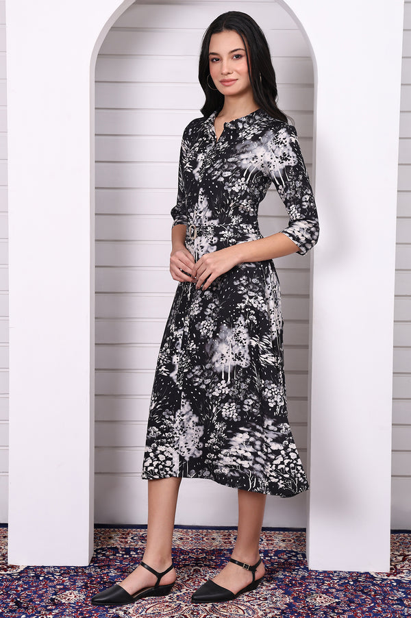 Black Floral Printed Flared Short Dress with Waist Belt
