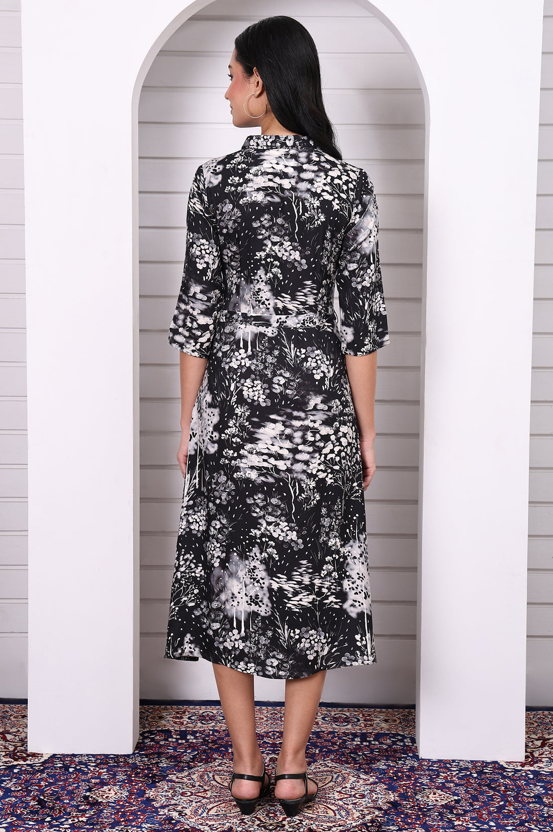 Black Floral Printed Flared Short Dress with Waist Belt