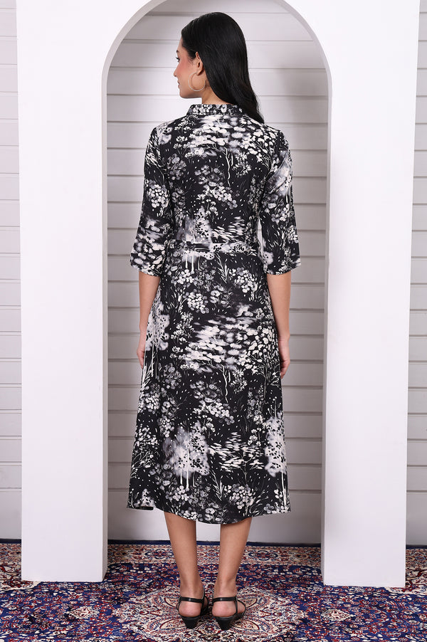 Black Floral Printed Flared Short Dress with Waist Belt