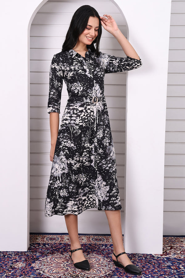 Black Floral Printed Flared Short Dress with Waist Belt