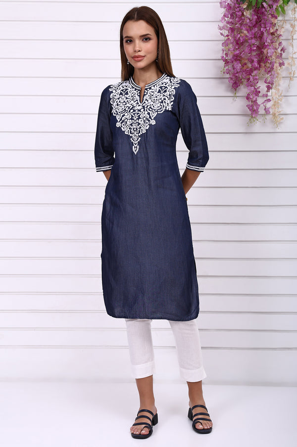 Blue Yarn Dyed Embroidered Yoke Straight Kurta