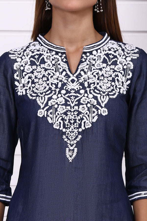 Blue Yarn Dyed Embroidered Yoke Straight Kurta
