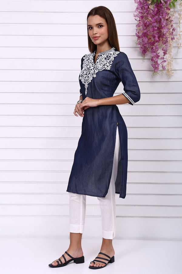 Blue Yarn Dyed Embroidered Yoke Straight Kurta