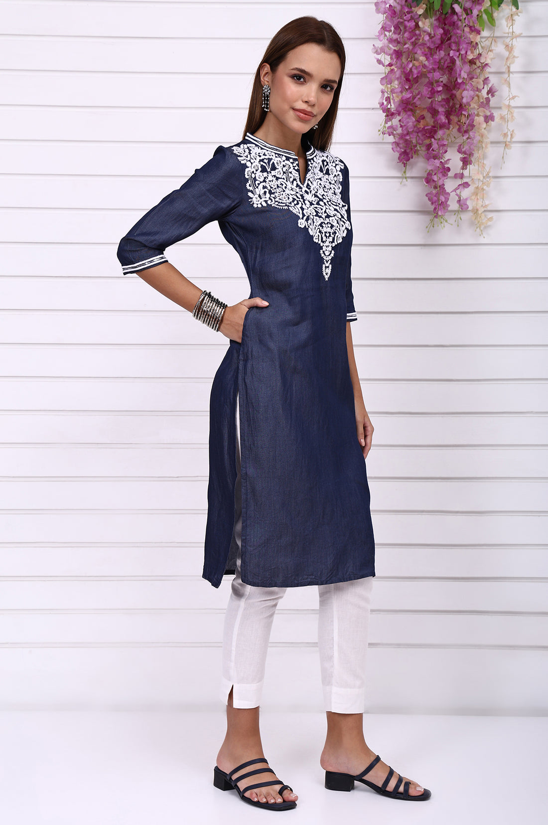Blue Yarn Dyed Embroidered Yoke Straight Kurta