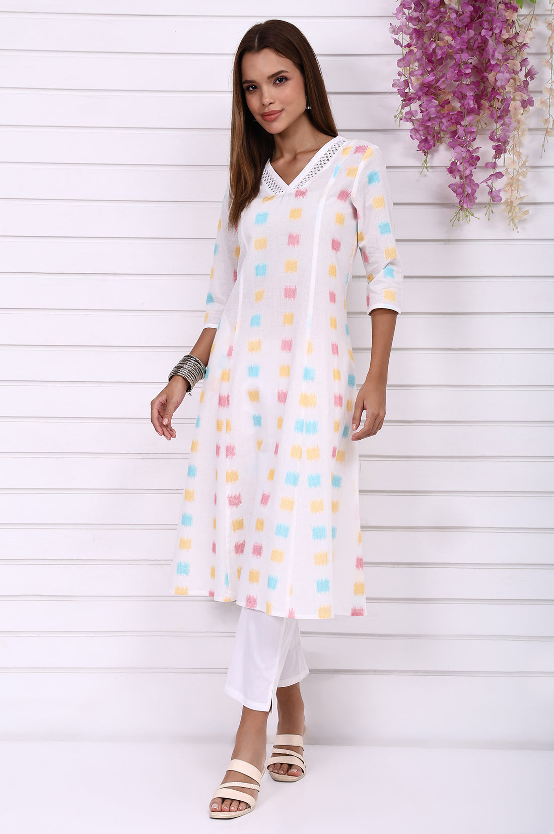 White Geometric Printed Cotton Rayon Anarkali Kurta