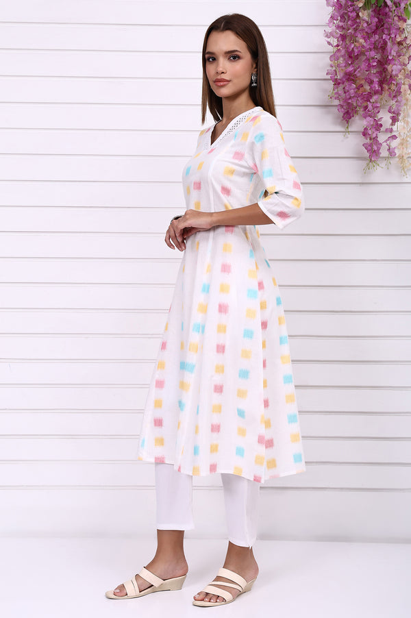 White Geometric Printed Cotton Rayon Anarkali Kurta