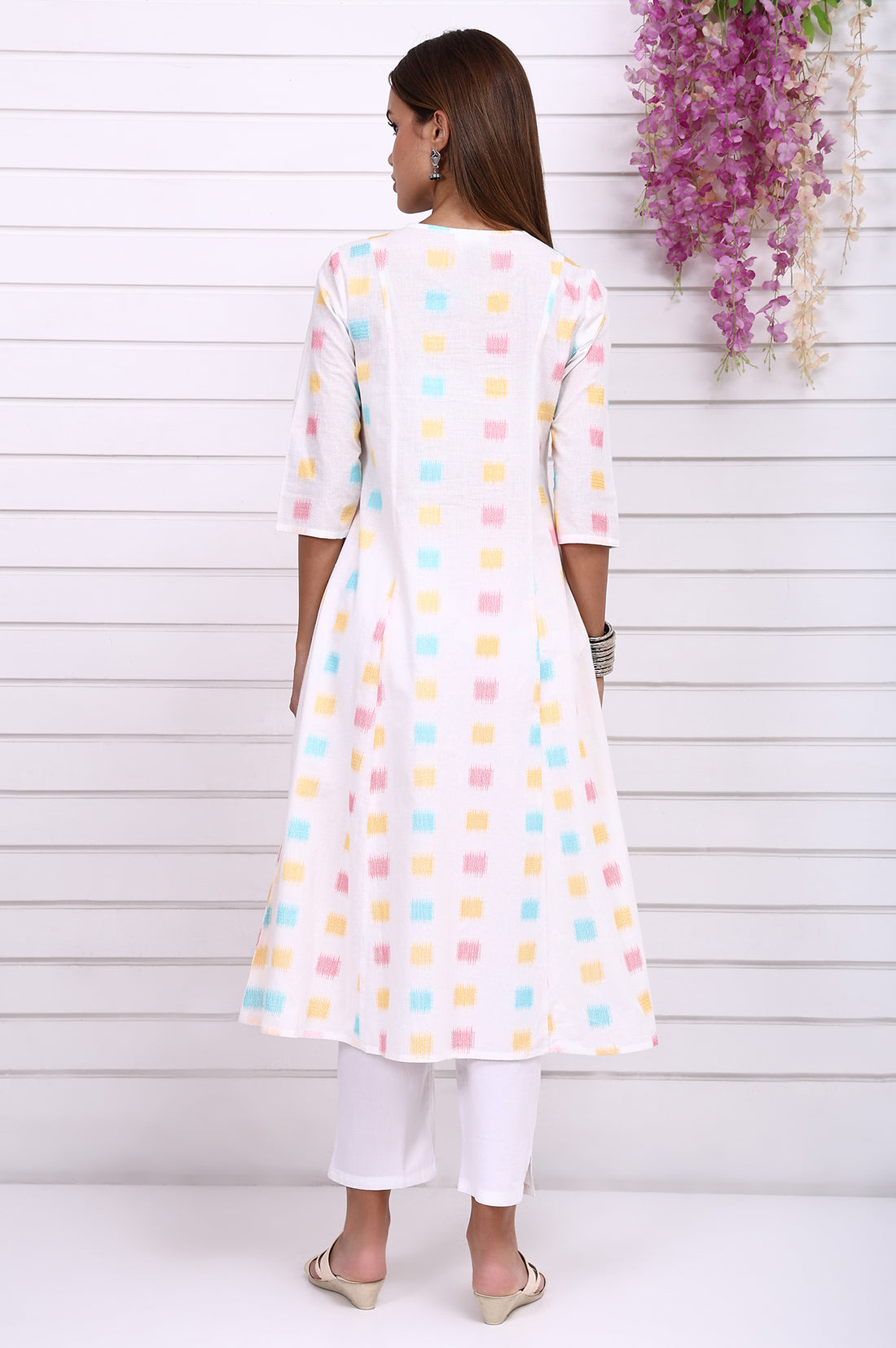 White Geometric Printed Cotton Rayon Anarkali Kurta