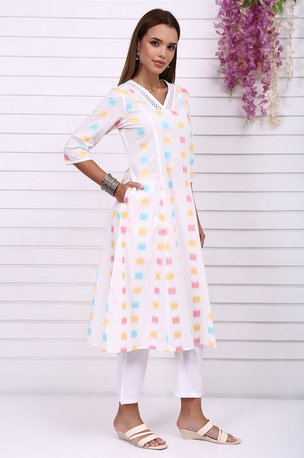 White Geometric Printed Cotton Rayon Anarkali Kurta
