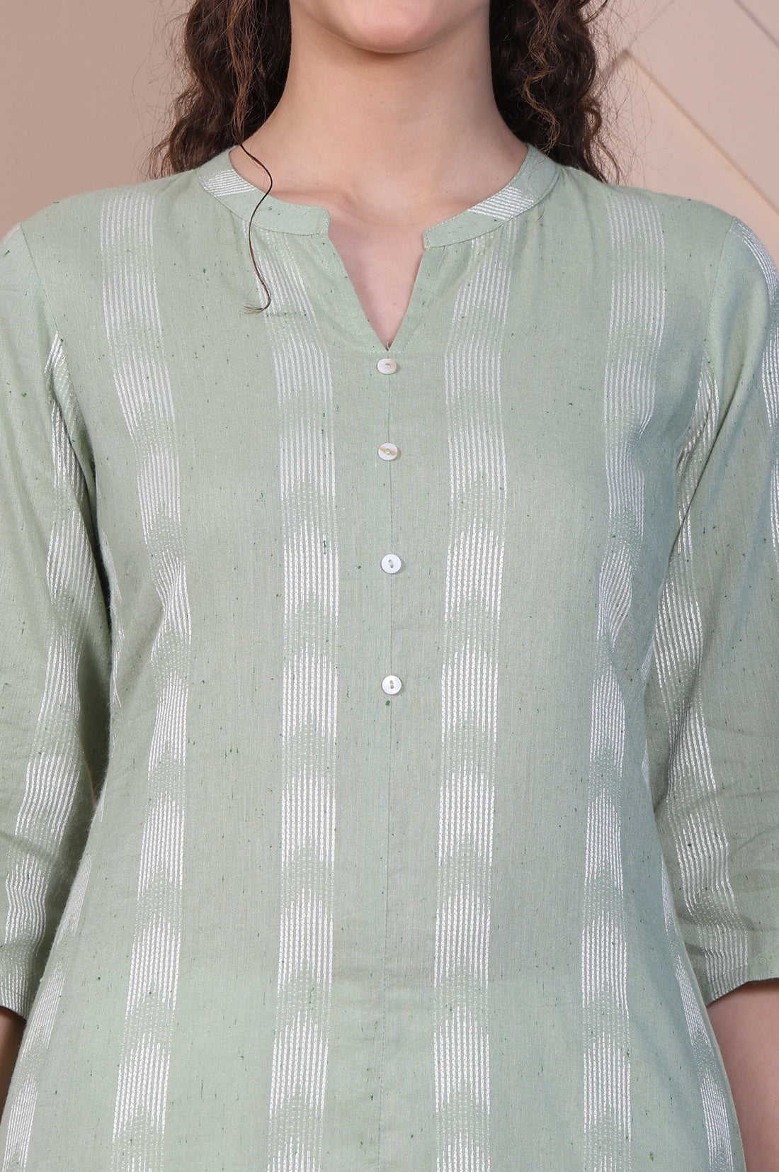 Green Dobby A-line Casual Kurta in Mandarin Collar