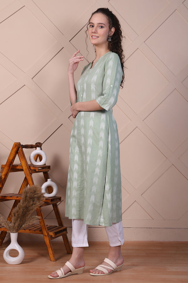 Green Dobby A-line Casual Kurta in Mandarin Collar