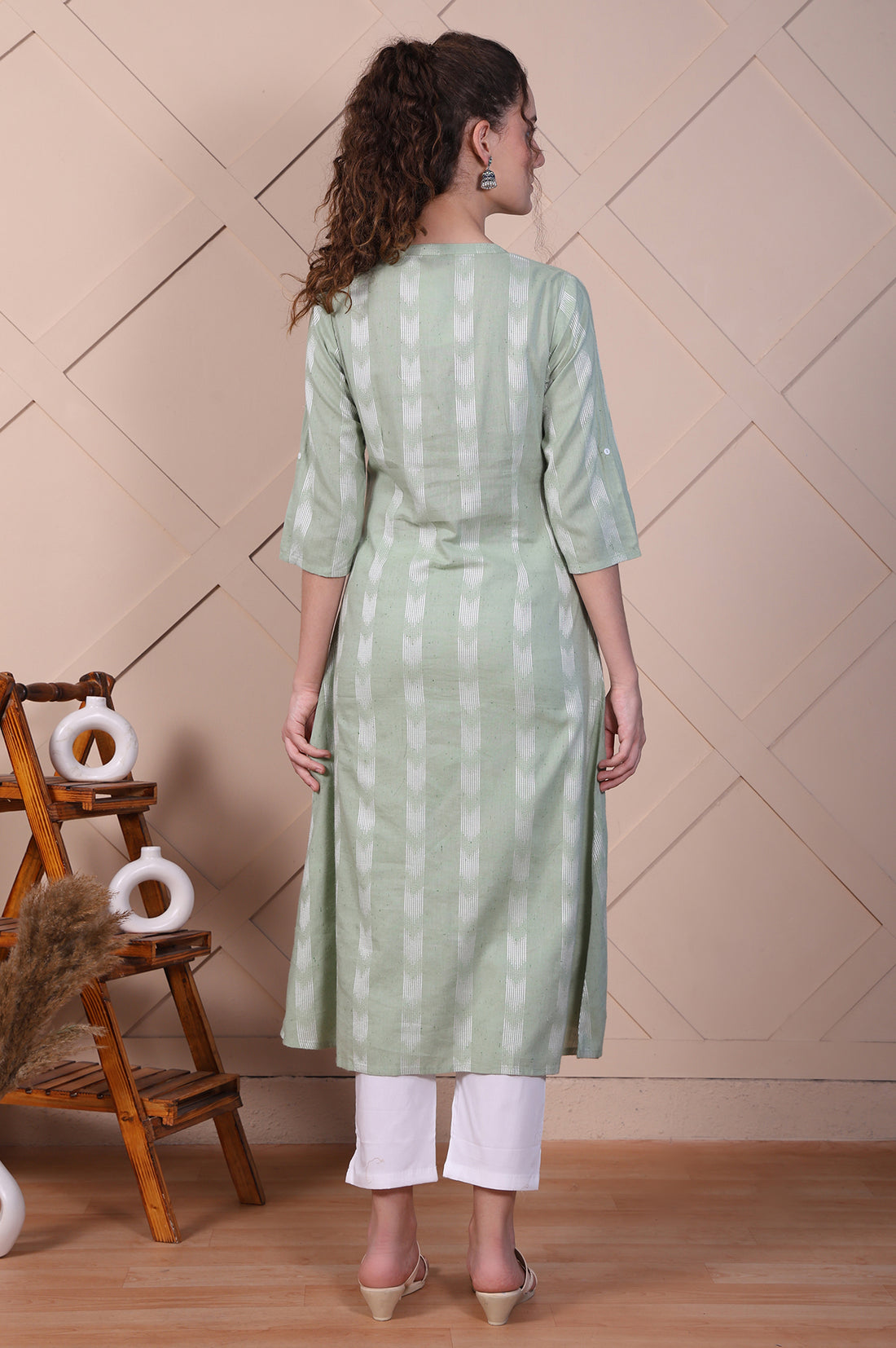 Green Dobby A-line Casual Kurta in Mandarin Collar