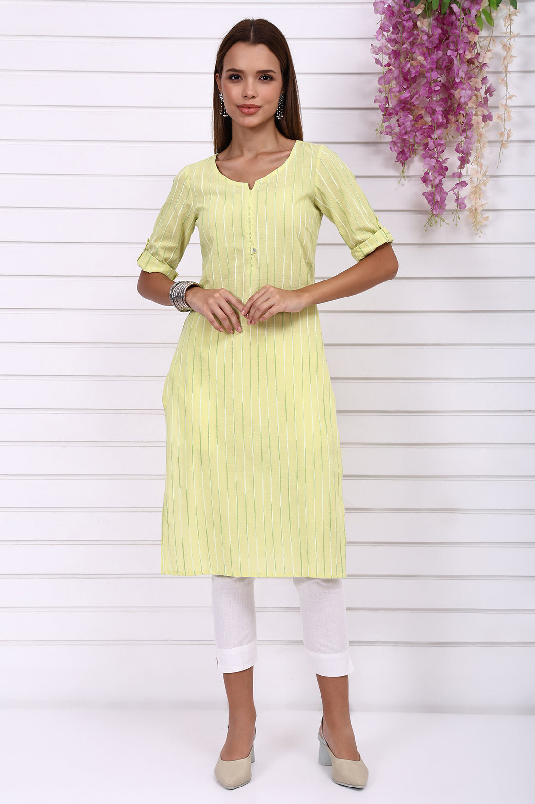 Lime Green Yarn Dyed Straight Kurta
