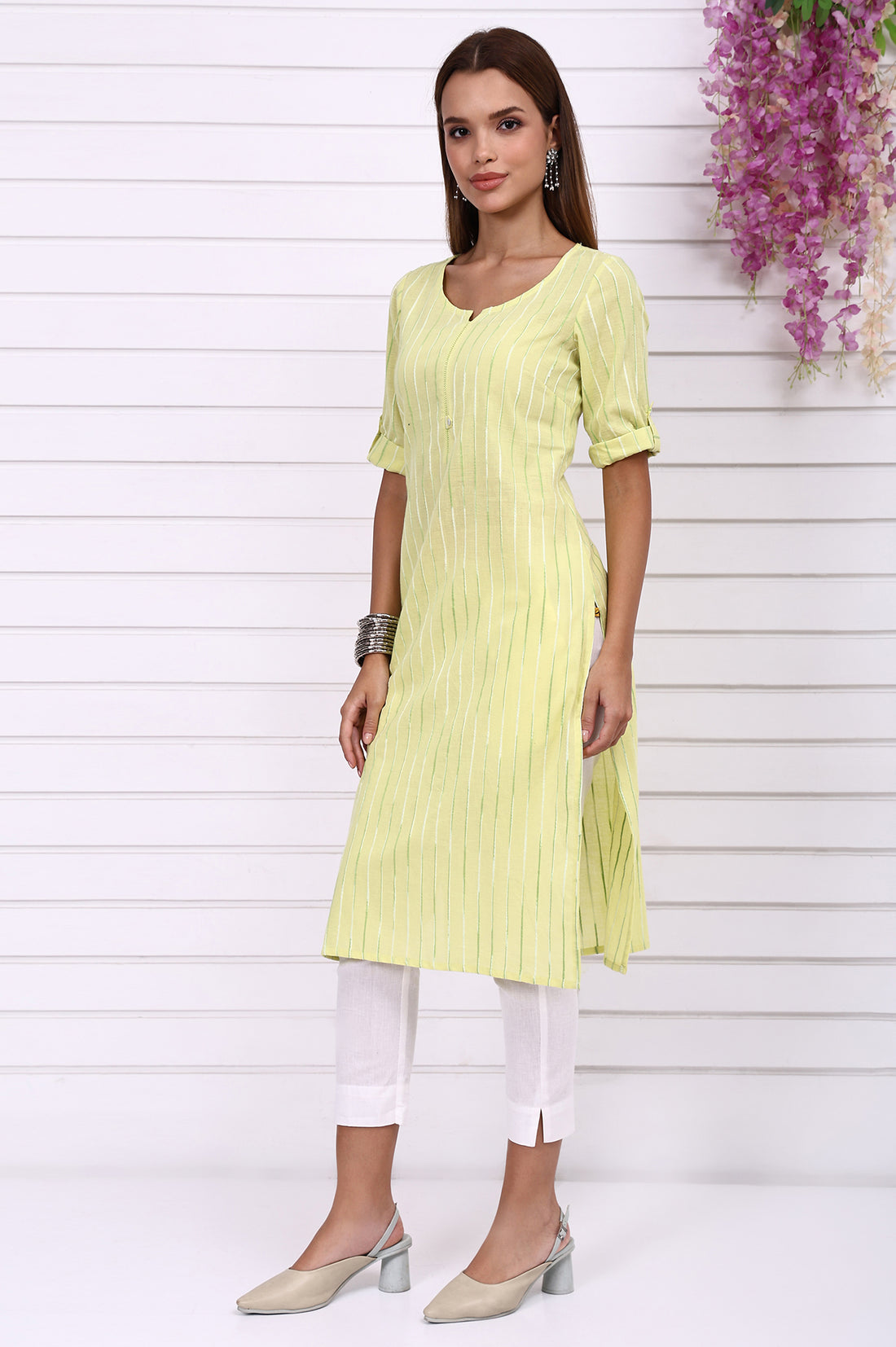Lime Green Yarn Dyed Straight Kurta