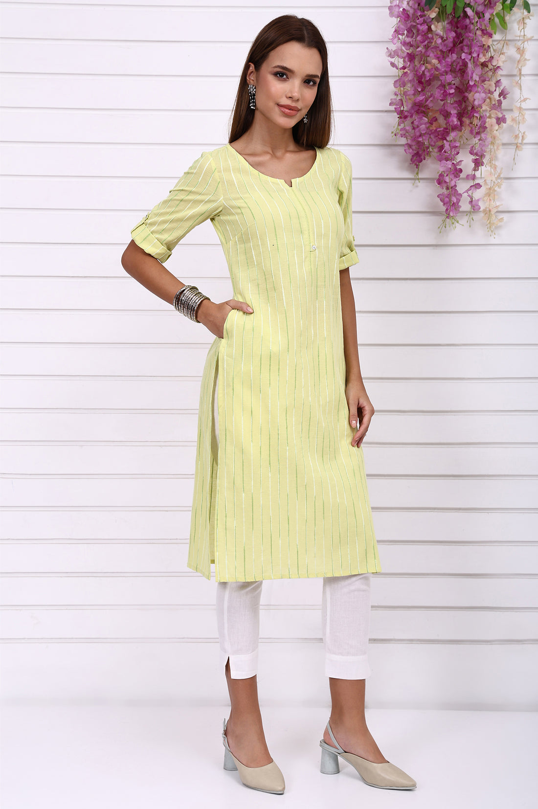 Lime Green Yarn Dyed Straight Kurta