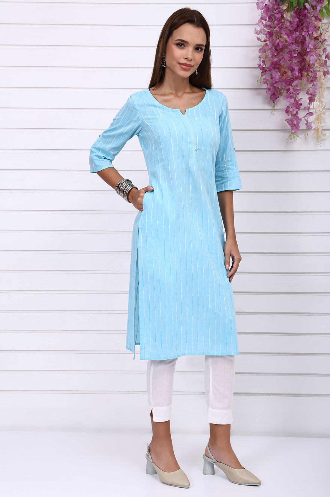 Blue Yarn Dyed Straight Kurta