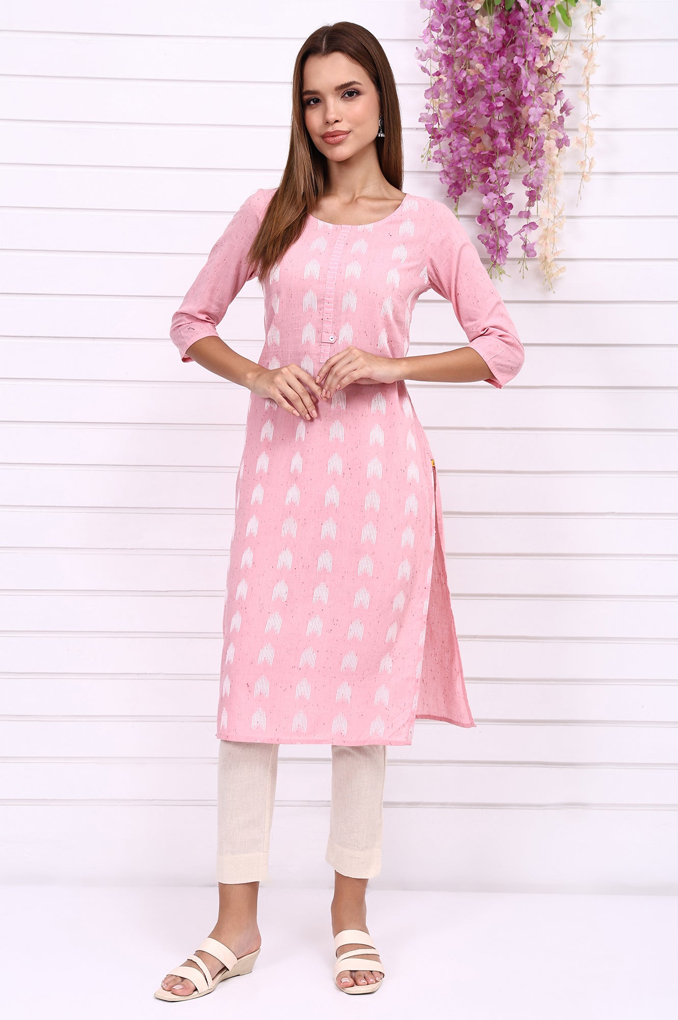 Pink Geometric Printed Rayon Straight Kurta