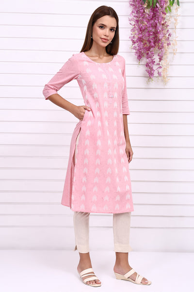 Pink Geometric Printed Rayon Straight Kurta