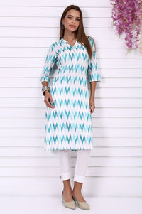 White Geometric Printed Cotton Rayon Straight Kurta