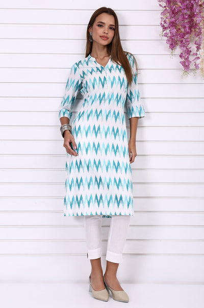 White Geometric Printed Cotton Rayon Straight Kurta